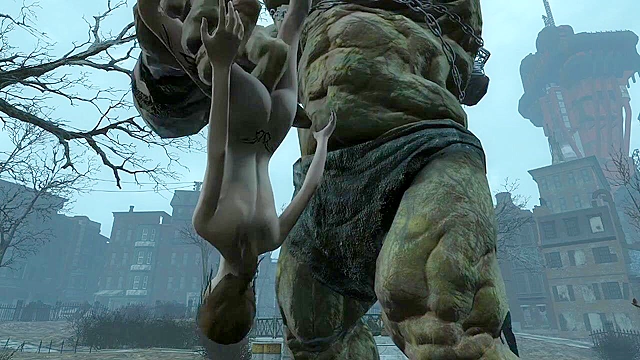Fallout 4 Behemoth fingering Elie's asshole in public