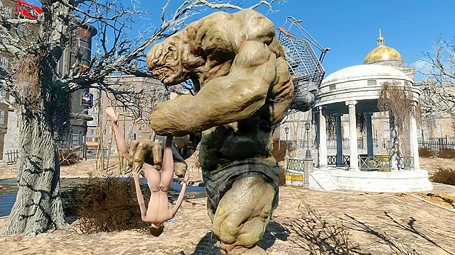 Fallout 4 Behemoth fingering Elie's asshole in public