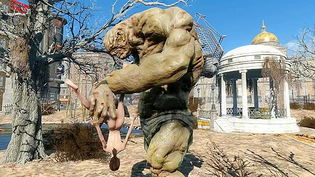 Fallout 4 Behemoth fingering Elie's asshole in public