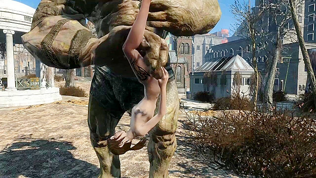 Fallout 4 Behemoth fingering Elie's asshole in public