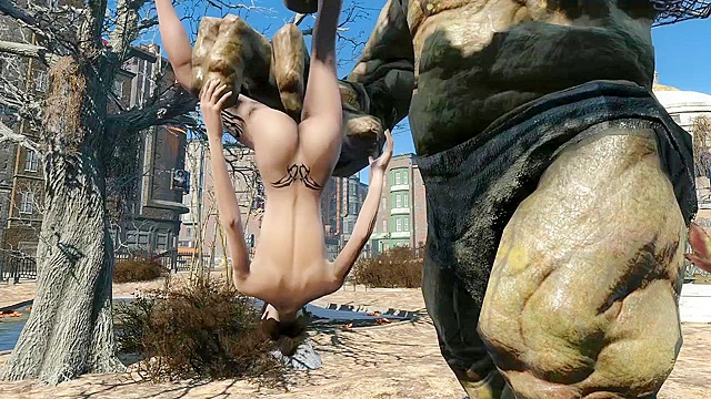 Fallout 4 Behemoth fingering Elie's asshole in public