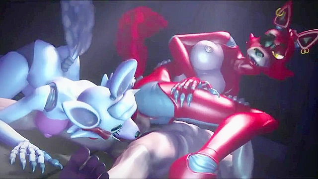 Strange furry beasts with lots of make up engaged in 3some