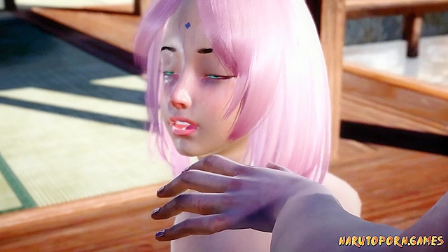 Busty 3d Sakura gets on her knees and sucks off two big ninja cocks