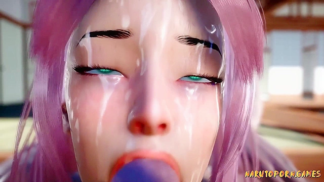 Busty 3d Sakura gets on her knees and sucks off two big ninja cocks