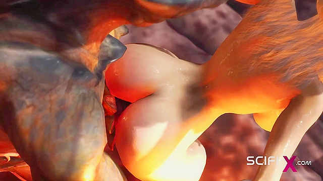 3D porn alien fucks hard a sexy blonde in her ass in the fire cave
