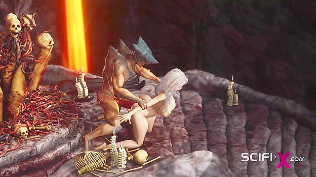 3D porn alien fucks hard a sexy blonde in her ass in the fire cave