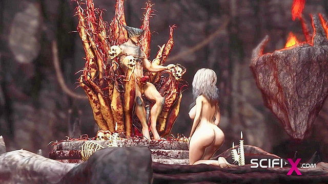 3D porn alien fucks hard a sexy blonde in her ass in the fire cave