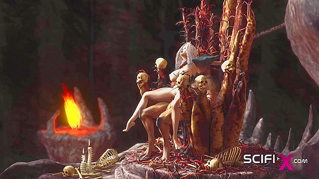 3D porn alien fucks hard a sexy blonde in her ass in the fire cave