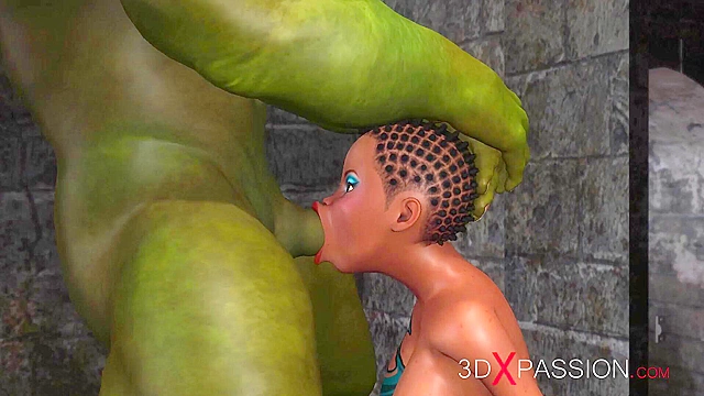 Young 3d ebony anal sex slave gets fucked by big green monster with throbbing dick