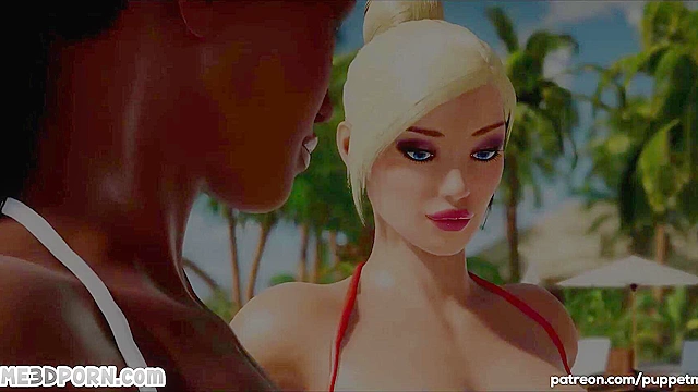 Bikini babe joins two dick girls and gets double penetration fucking outside