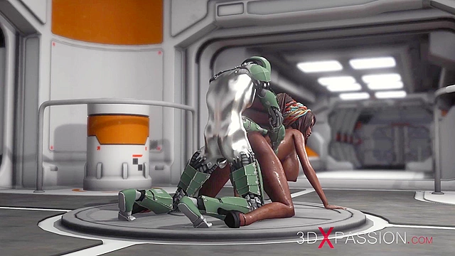 Sci-fi android fucks hard a hot black girl in the mouth and asshole