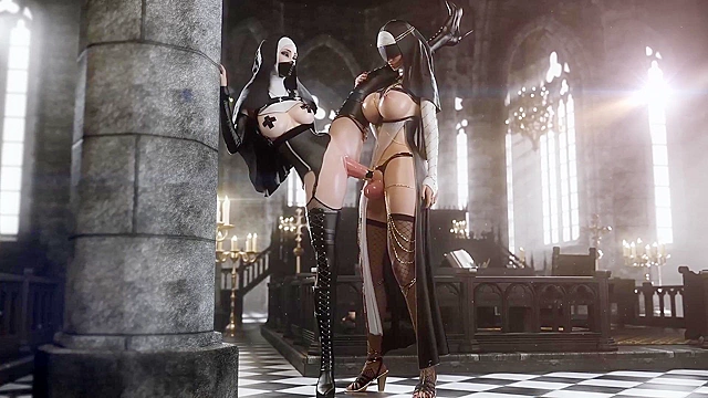 Nun takes a big futanari cock in tight pussy till creampie