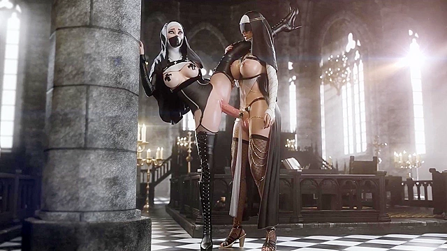 Nun takes a big futanari cock in tight pussy till creampie