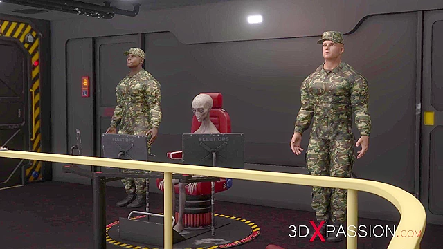 Lesbian robot mouth fucks a tied slave while alien overlord watches