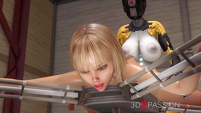 Lesbian robot mouth fucks a tied slave while alien overlord watches