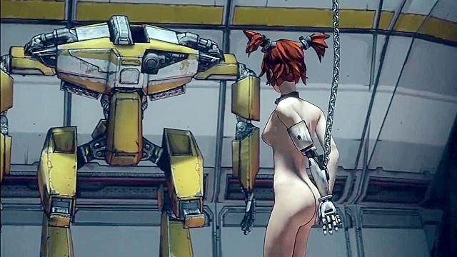 Redheaded Borderlands babe gets her pussy roughly used by two giant robots