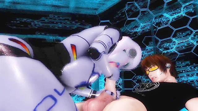 Robot gives a blowjob and titty fuck to a big meaty cock