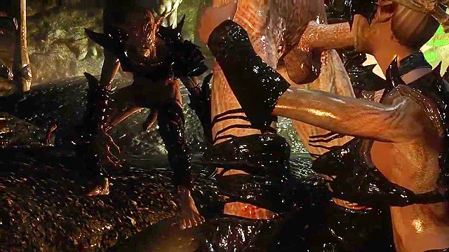 Scary looking orc monster gets a blowjob and fuck from a demoness