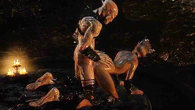 Scary looking orc monster gets a blowjob and fuck from a demoness