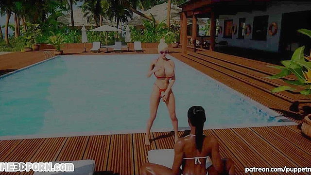 Sexy 3d ebony and blonde dick girls fucking on vacation island