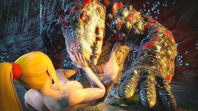 Samus Aran gets her asshole fucked by a giant crocodile alien beast