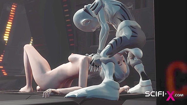 Sex with an alien in spaceship. Sexy young blonde gets fucked by alien