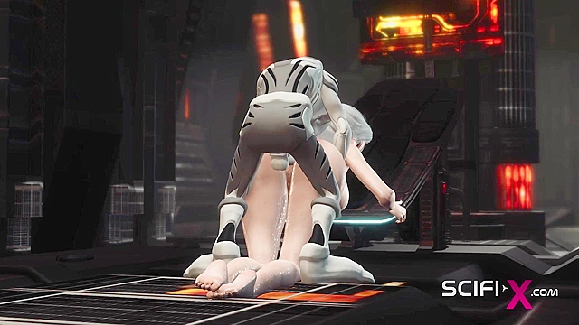 Sex with an alien in spaceship. Sexy young blonde gets fucked by alien