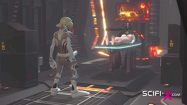 Sex with an alien in spaceship. Sexy young blonde gets fucked by alien