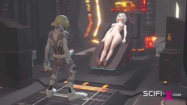 Sex with an alien in spaceship. Sexy young blonde gets fucked by alien