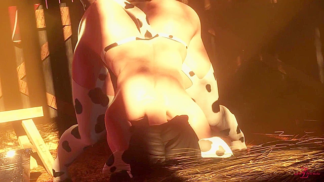 Farm Worries - Busty 3D girl in cow outfit ass fucked in barn