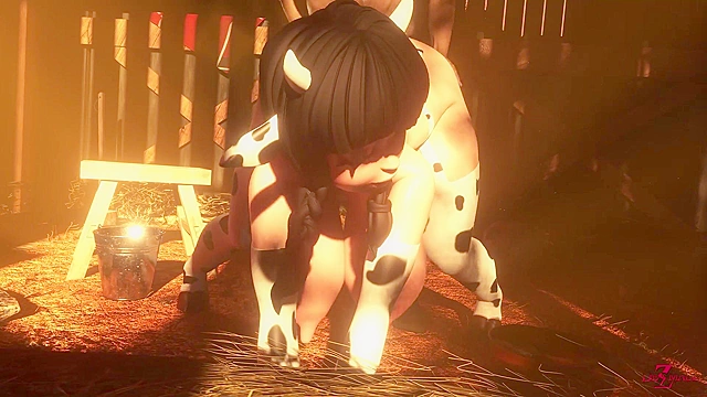 Farm Worries - Busty 3D girl in cow outfit ass fucked in barn