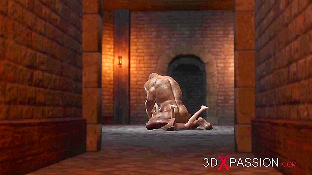 A sexy blonde gets anal fucked rough by a big monster in the dungeon