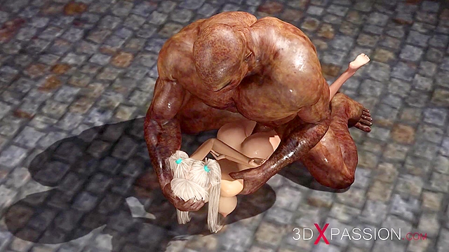 A sexy blonde gets anal fucked rough by a big monster in the dungeon