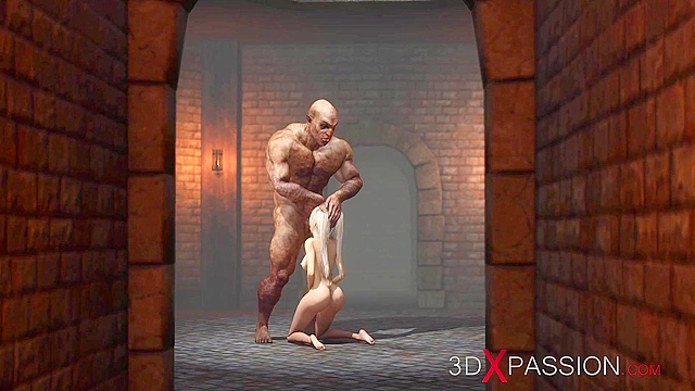 A sexy blonde gets anal fucked rough by a big monster in the dungeon