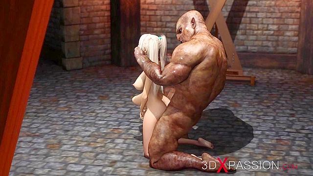 A sexy blonde gets anal fucked rough by a big monster in the dungeon