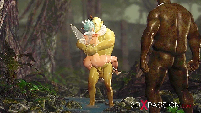 Threesome with a beautiful hot fairy and two orcs in the night forest