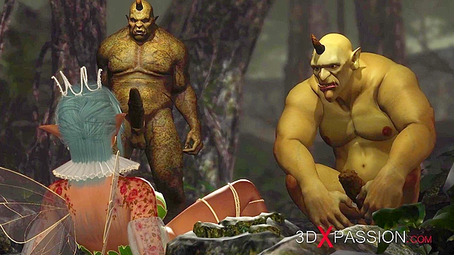 Threesome with a beautiful hot fairy and two orcs in the night forest