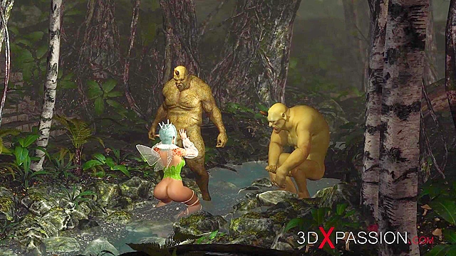 Threesome with a beautiful hot fairy and two orcs in the night forest