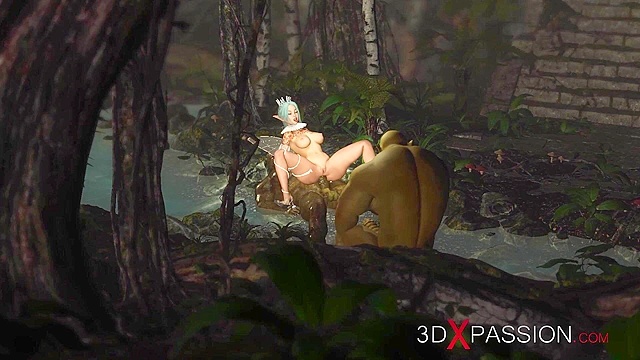 Threesome with a beautiful hot fairy and two orcs in the night forest