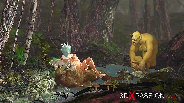 Threesome with a beautiful hot fairy and two orcs in the night forest