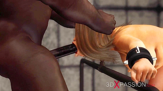 A sexy cuffed brunette with cow udders gets fucked hard by black cock