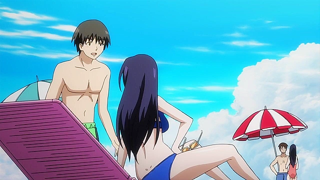 Teen dude fucks his busty japanese girlfriend while his horny neighbor spies on him