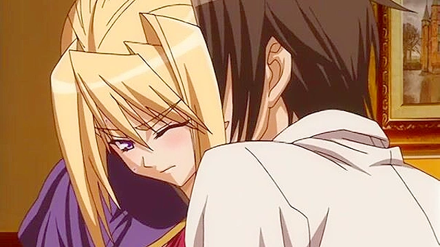 Busty anime blonde is fingered until she is overcome with lusty feelings