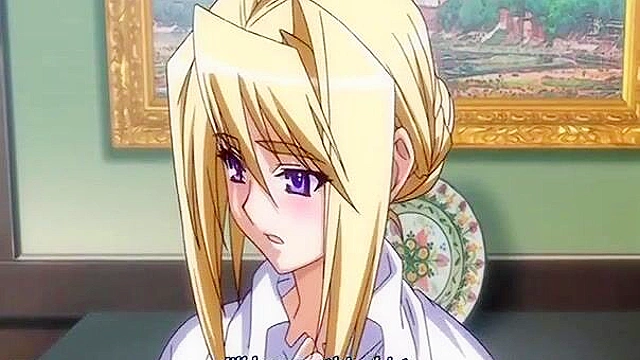 Busty anime blonde is fingered until she is overcome with lusty feelings