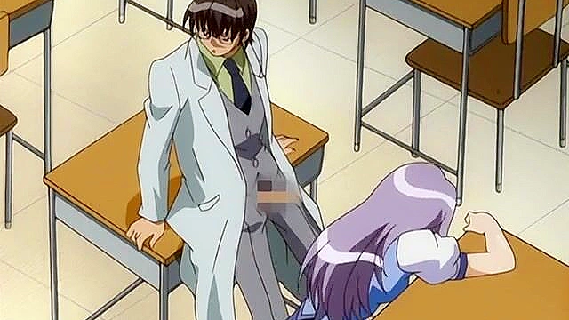 Horny student gets bent over her desk and fucked by the old dirty anime teacher