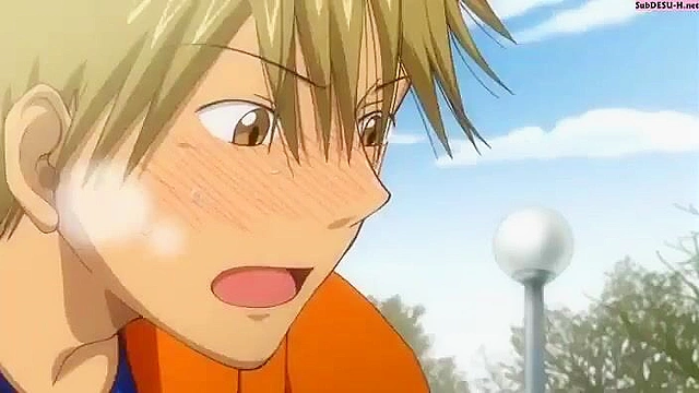 Cute anime teen with a hairy pussy gets a public blowjob