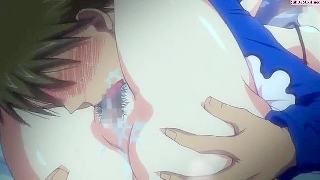 Cute anime teen with a hairy pussy gets a public blowjob