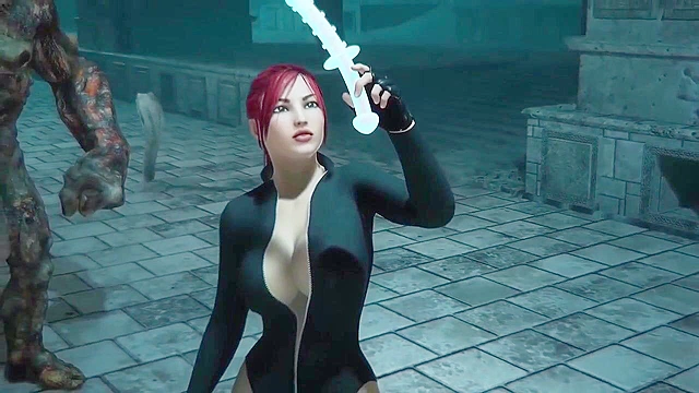 Giant scary monster rubs the boobs and lick the pussy of a hot redhead girl