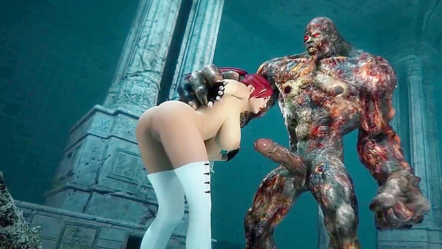 Giant scary monster rubs the boobs and lick the pussy of a hot redhead girl