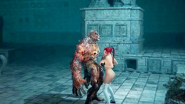 Giant scary monster rubs the boobs and lick the pussy of a hot redhead girl